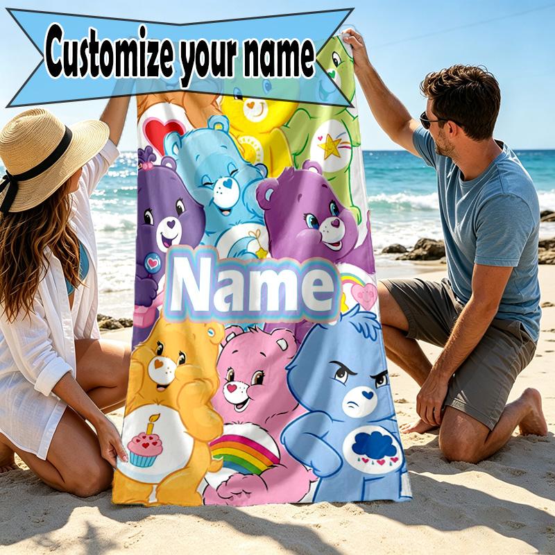 Custom Name Personalized Care Bears Print Beach Towel, for Trip Camping Beach Party Home Decor, Birthday Gift for Family & Friends