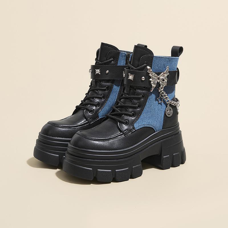 

Ботильоны на толстой подошве с цепочкой-бабочкой, осенние ботинки в британском стиле, ковбойские ботинки на высокой подошве 39 джинсовый синий