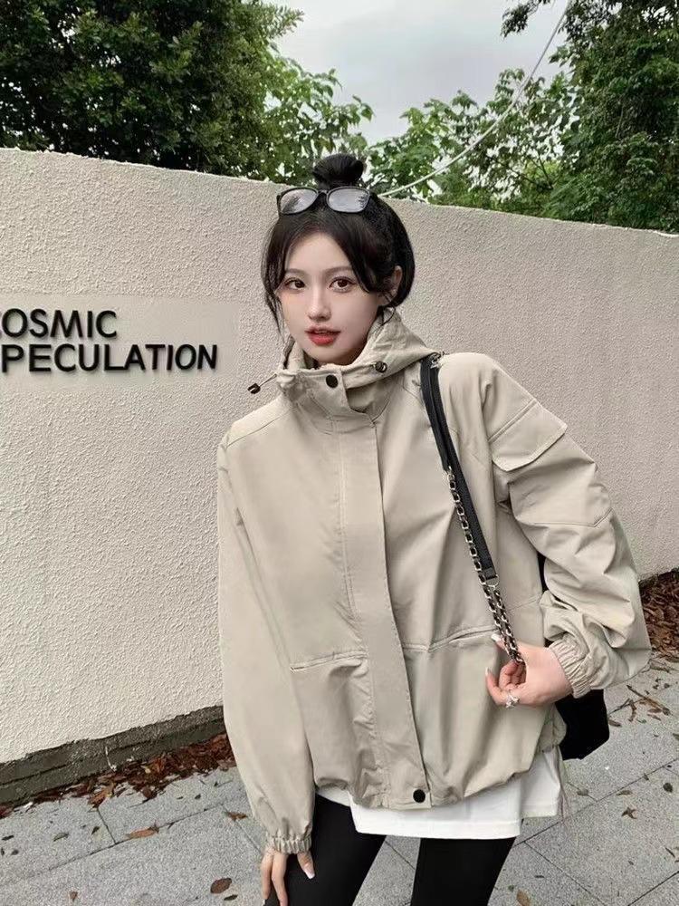Women's Korean-Style Hooded Windbreaker: Spring/Autumn 2025, Loose Fit, Drawstring, Long Sleeve.