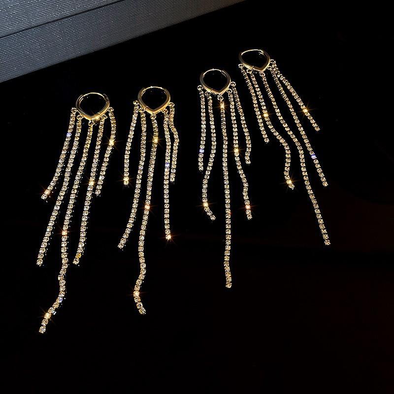 Unique Design Black Crystal Long Tassel Earrings for Women New Fashion Temperament Personality Cool Girls Party Jewelry