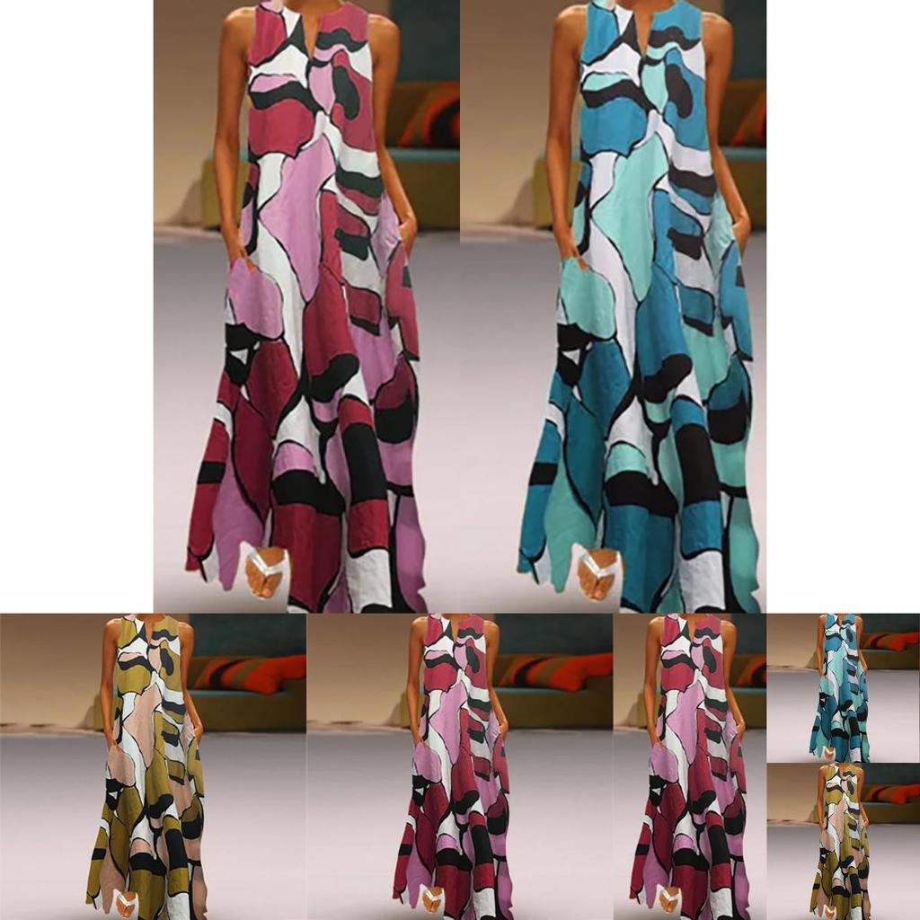 Elegant Women Long Maxi Dress Floral Print Split Hem Sleeveless Shirt Dress Plus Size For Every Occasion