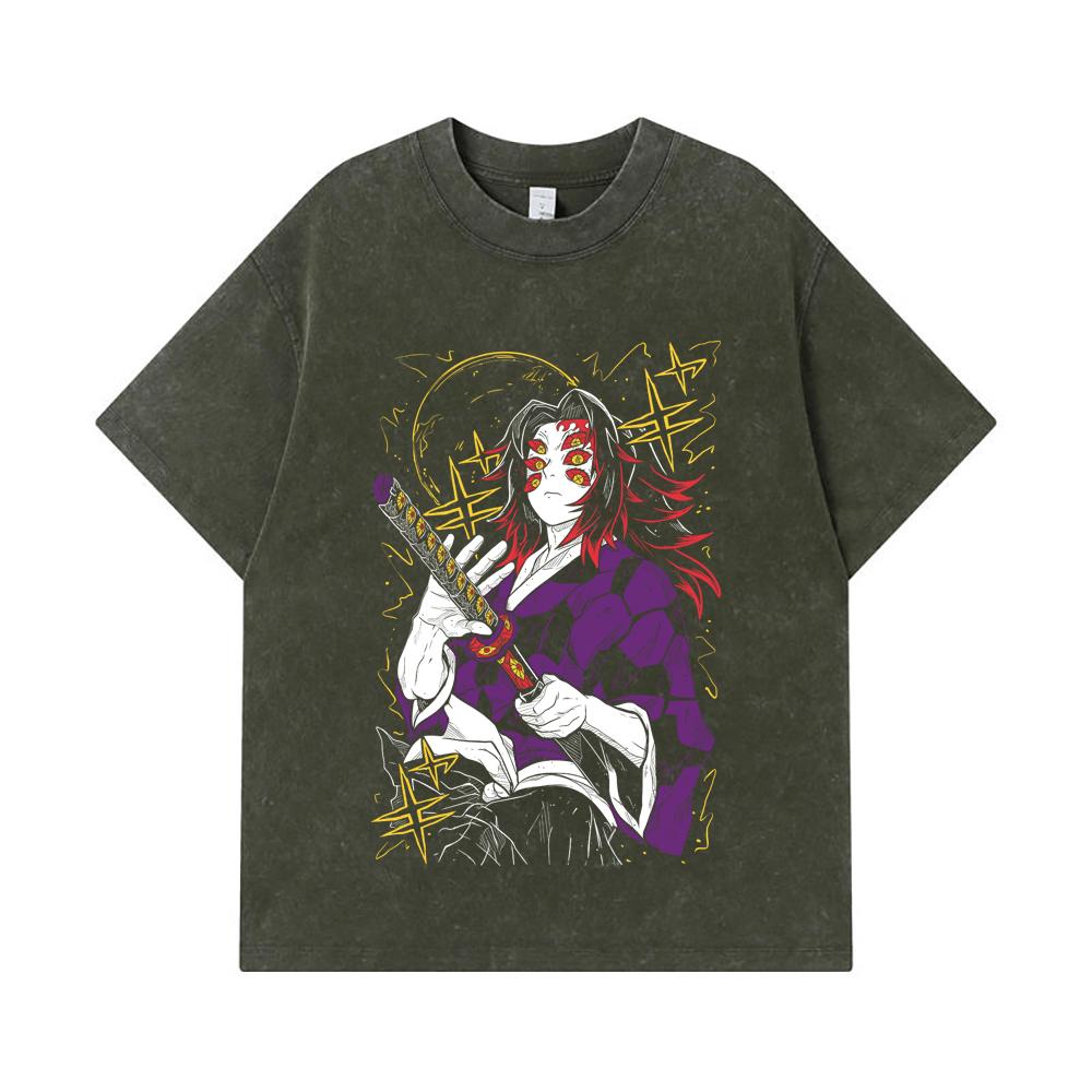 

275 GSM Washed T-shirts 100% Cotton Demon Slayer V35 Kokushibo Print Unisex Heavy Cotton T Shirt S армия зеленый