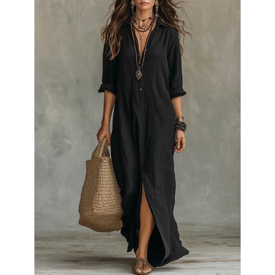 VEZFAA Vestidos casuales de cintura holgada con cuello tipo polo y manga larga con estampado de colores sólidos a la moda para mujer para primavera y otoño