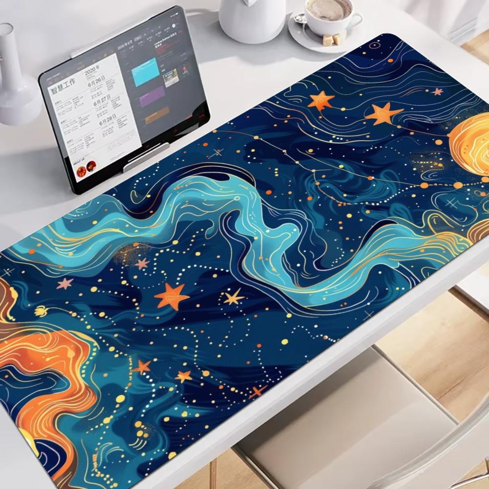 Large Gaming Mouse Pad Desk Mat Keyboard Pad Golden Line Moon Star Swirl Nebula Blue Print Nonslip Rubber Laptop Pc Gamer Office