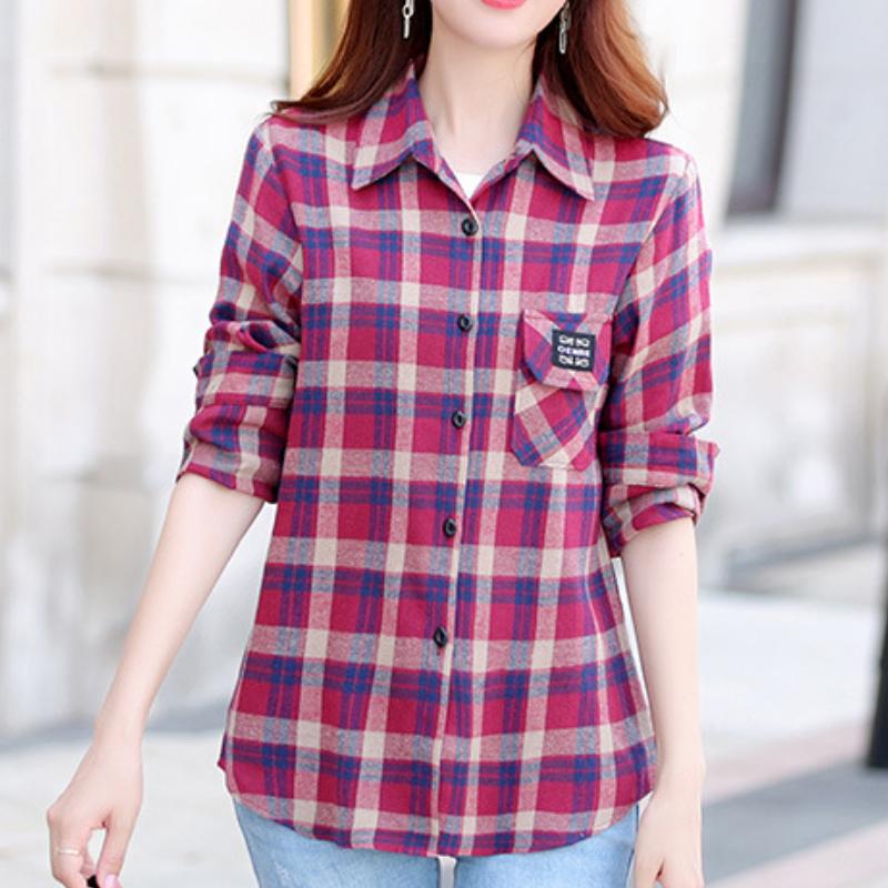 

Простые хлопковые топы, весенне-осенние рубашки с длинными рукавами с лацканами, женское пальто, рубашка в клетку в стиле ретро, ​​азиатский размер XL