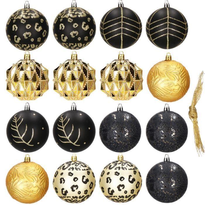Décorations de sapin de Noël - SPRINGOS - 16 pcs - Or/Noir - 8 cm - Plastique