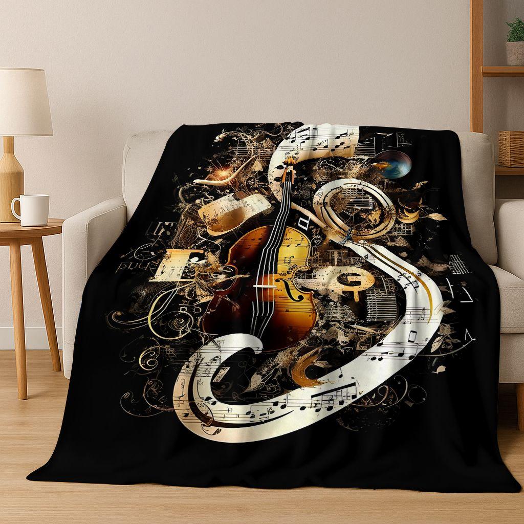 Tanzende Musik Musikalische Note Instrument Cartoon Flanell Decke, Gemütliche Weiche Überwurfdecke für Zuhause Schlafzimmer Bett Sofa Abdeckung Geschenk Kind
