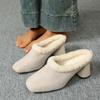 Winter Women High Heel Pumps Handmade Warm Fur Snow Boots Medium Heel Single Shoes Leather Rubber Outsole Comfortable  Booties