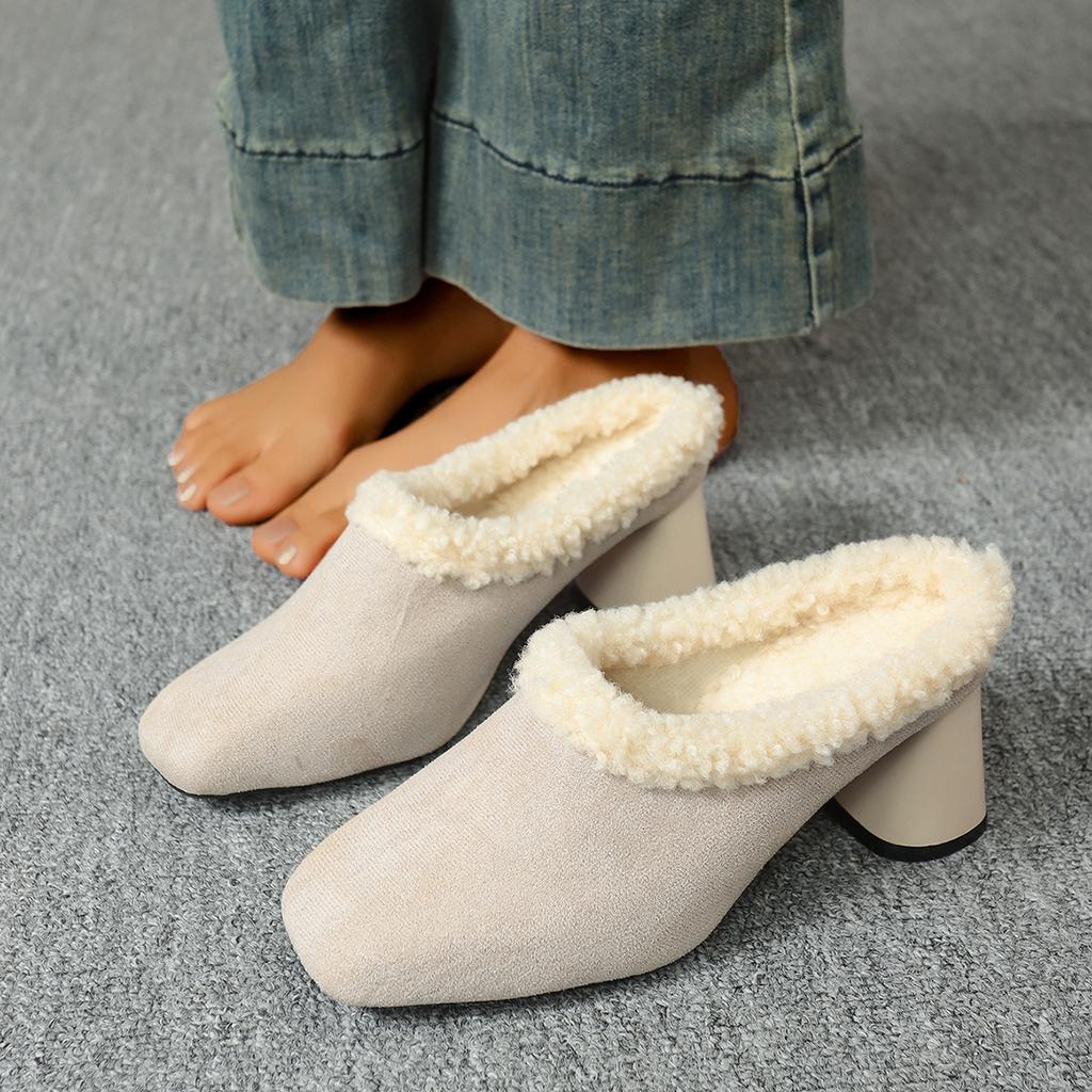 Winter Women High Heel Pumps Handmade Warm Fur Snow Boots Medium Heel Single Shoes Leather Rubber Outsole Comfortable  Booties
