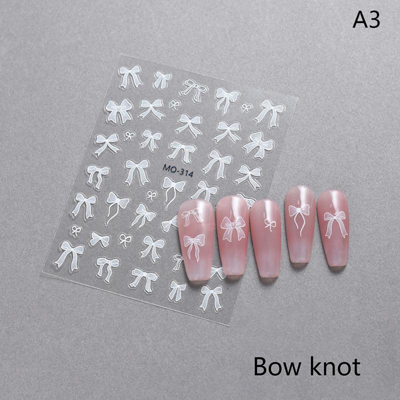 White Ribbon Bowknot 3D Embossed Relief Nail Art Decoration Stickers 1 Sheet Manicure Tool Decals for Creative Nail Design
