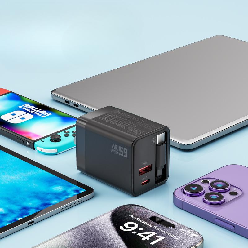British 65W GaN Charger Comes with Telescopic Cable Multi-port Fast Charging Head for Apple Laptop