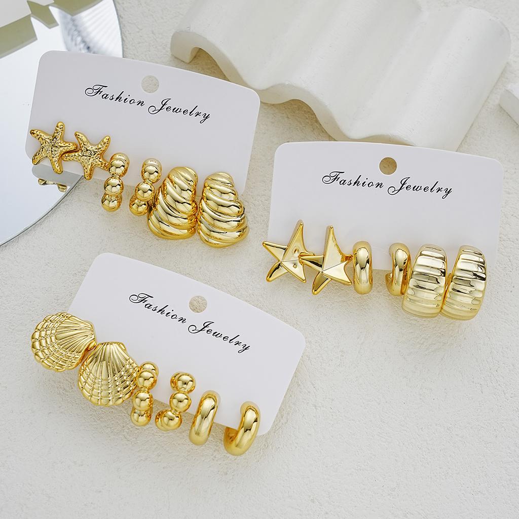 9Pairs Vintage Gold Color Earrings Set For Women Fashion Starfish Shell Hoop Stud Earrings Beach Party Daily Wear Jewelry Gifts