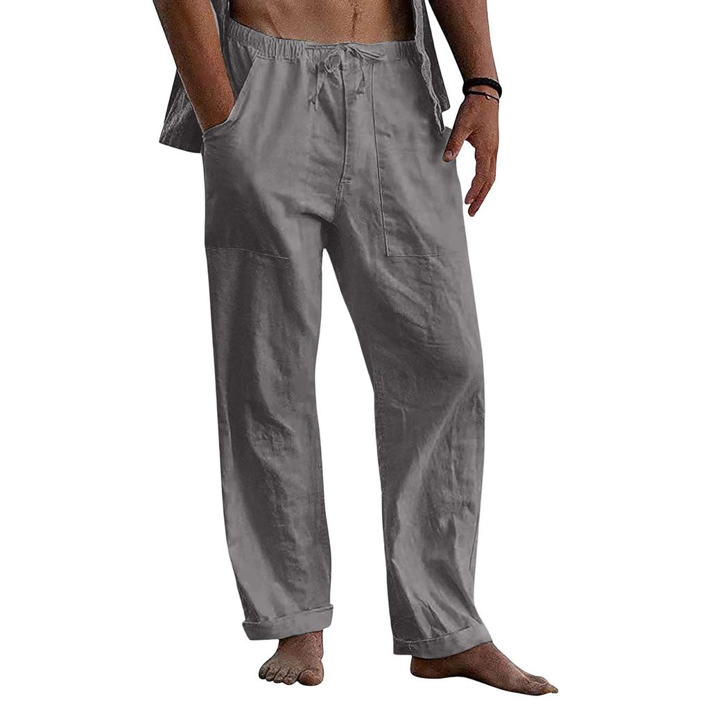 Men Loose Fit Linen Pants Casual Straight Leg Trousers with Elastic Waistband and Pockets for Everyday Wear