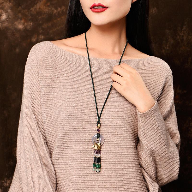 Vintage Pendant Necklaces Woman Sweater Long Necklace Rope Chain Ethnic Stone Necklace Fashion Jewelry