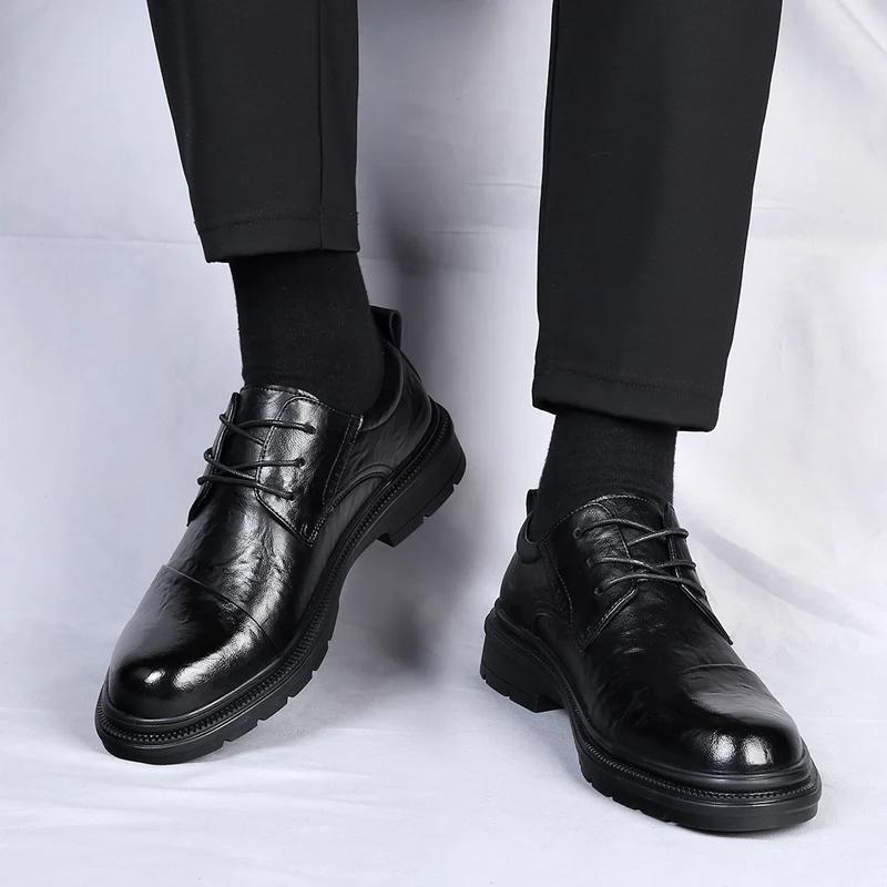 Mode Runda Läderhuvud Formella Skor för Män Herr Snörskor Oxford Skor Lågklack Bröllopsfest Kontor Business Mockasin Bekväma Skor