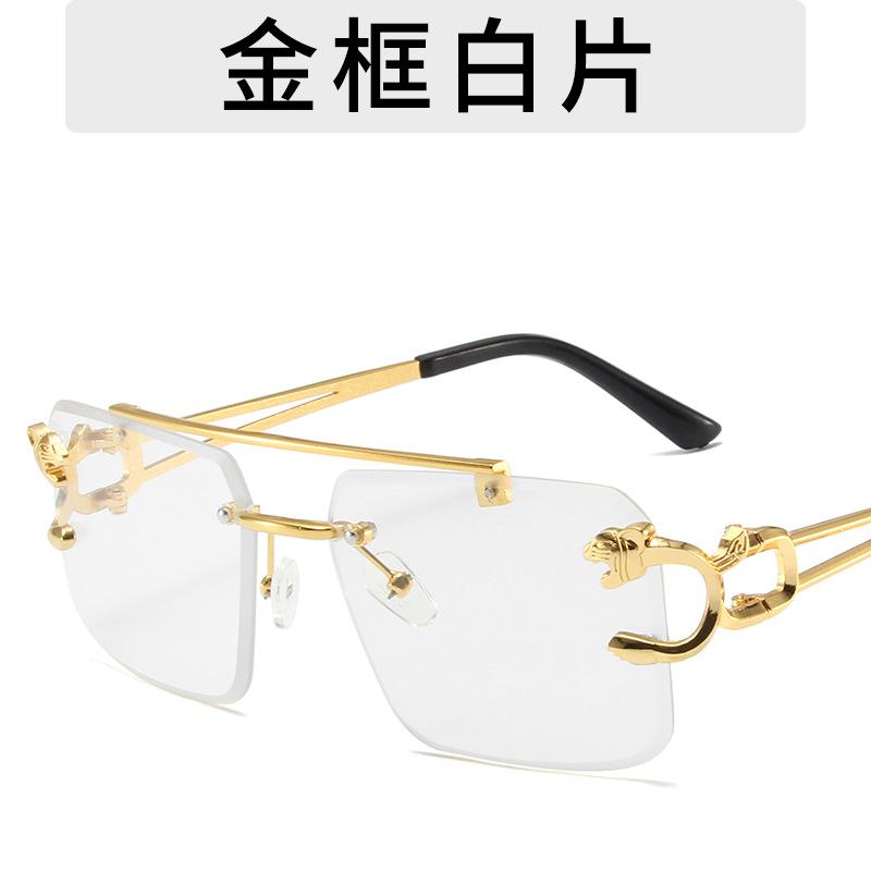 Lunettes de soleil carrées rétro sans cadre, nouvelles lunettes de soleil en métal à double faisceau à tête léopard personnalisées à la mode, lunettes de protection solaire pour le conducteur