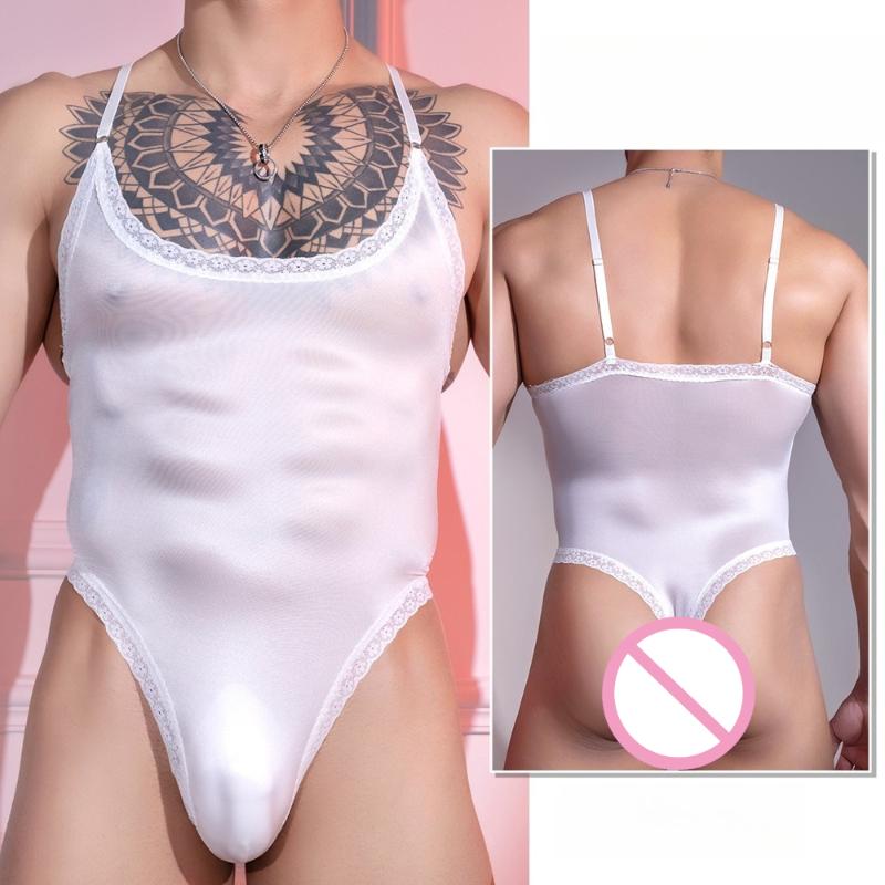 Men Sexy Bodysuit Open Crotch Tights Hip Lift Smooth Ultra-Thin Erotic Underwear Elastic Lace Crossdressing Sissy Lingerie
