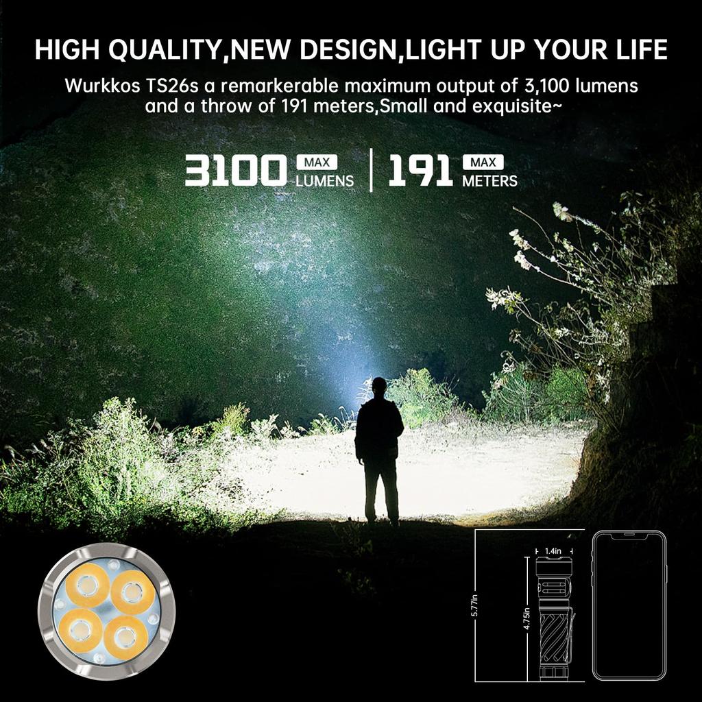 Wurkkos TS26S Akumulatorowa Latarka 3100 4 Jasne 191 Metrów Magnetyczna IP68 Wodoodporna EDC Idealna na Sytuacje Awaryjne i Kemping - Lumeny, Diody LED, Zasięg,