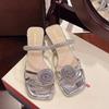 Summer Floral Crystal Rhinestone Square Head Sandals Women's Outdoor Wear PU Material Korean Sle Anti-Slip mid Heel Slippers