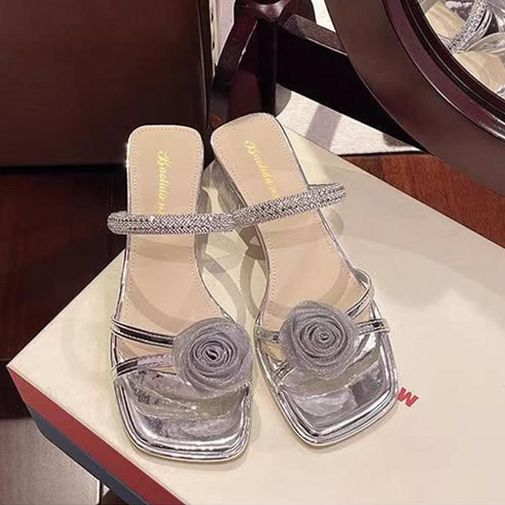 Summer Floral Crystal Rhinestone Square Head Sandals Women's Outdoor Wear PU Material Korean Sle Anti-Slip mid Heel Slippers