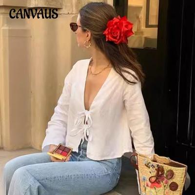 Spring Autumn Women's Cardigan Deep V Flared Sleeve Tie Long Sleeve Top