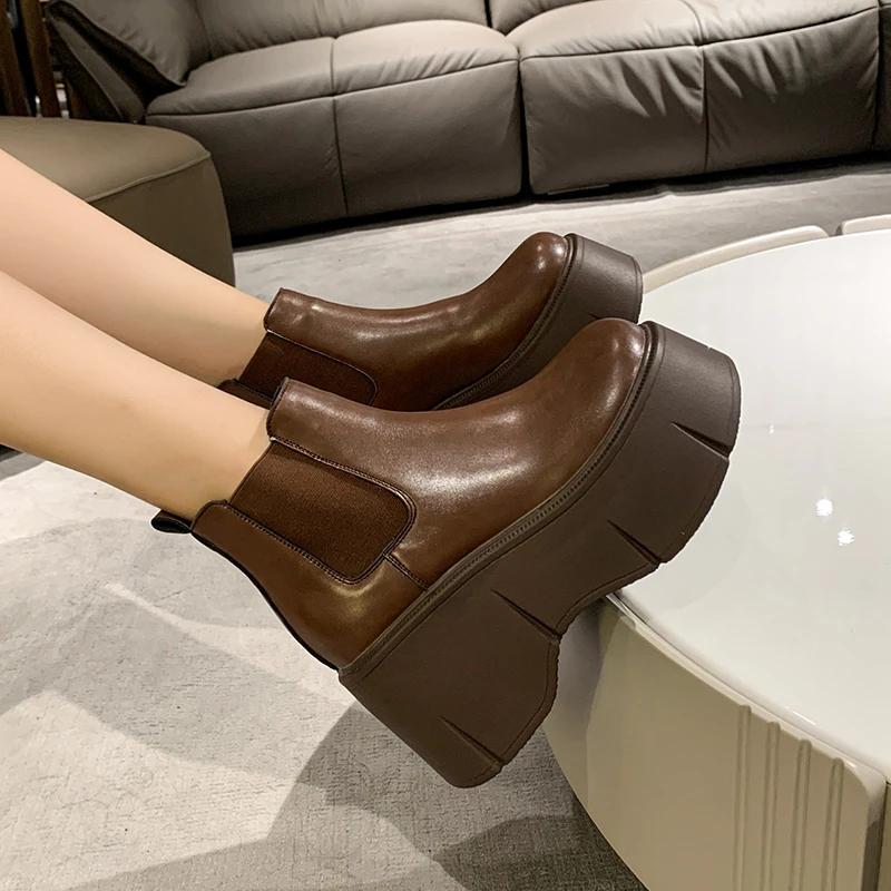 8CM Heels Winter Women Leather Chunky Ankle Boots Autumn High Platform Boots Woman Thick Bottom Non Slip Motorcycle Booties