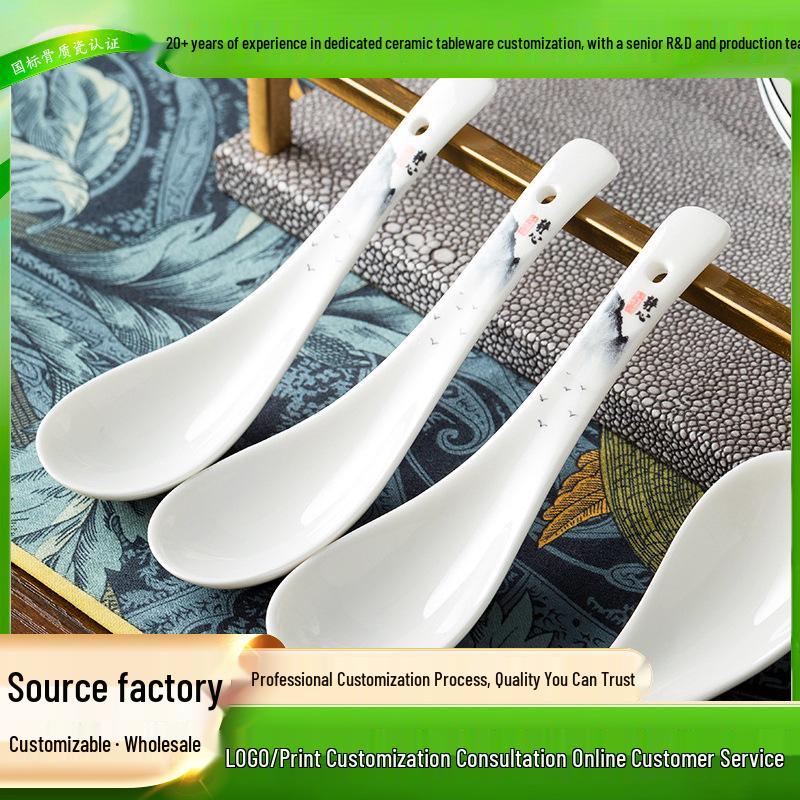 Tangshan Bone China Long Handle Soup Spoon - Ceramic Tableware Ladle Spoon