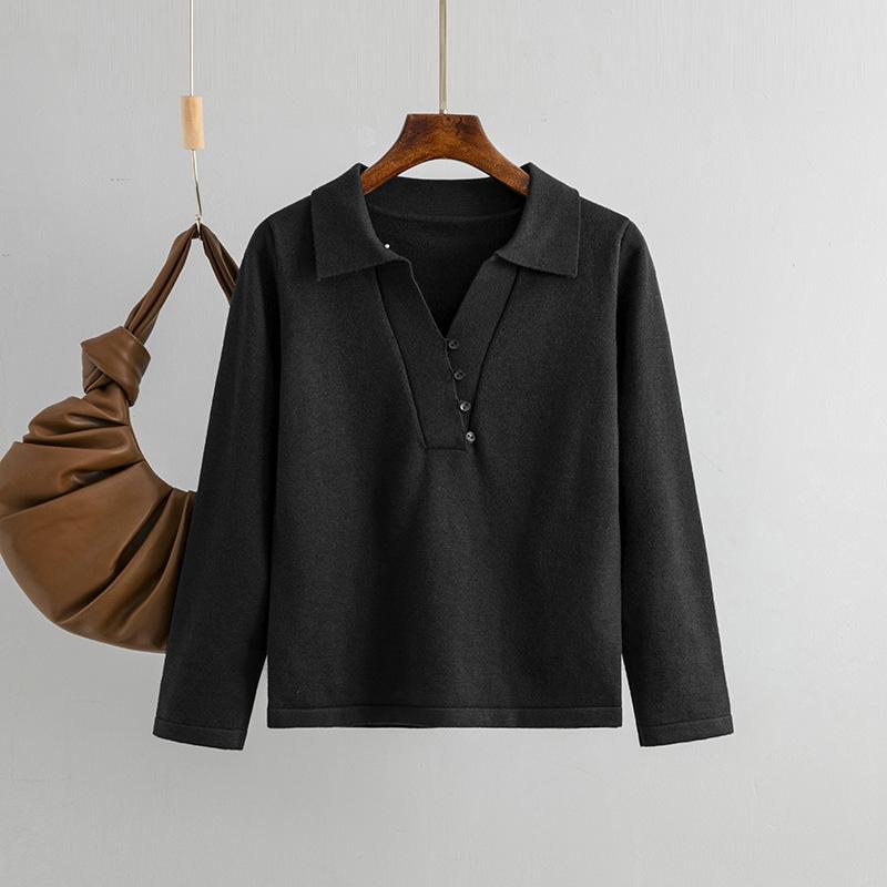 Women's Casual Solid Lazy Knit Shirt Button V-neck Long Sleeve Loose Breathable Pullover Knit Top Polo Neck Fashion Simple Soft Comfy Knit Shirt