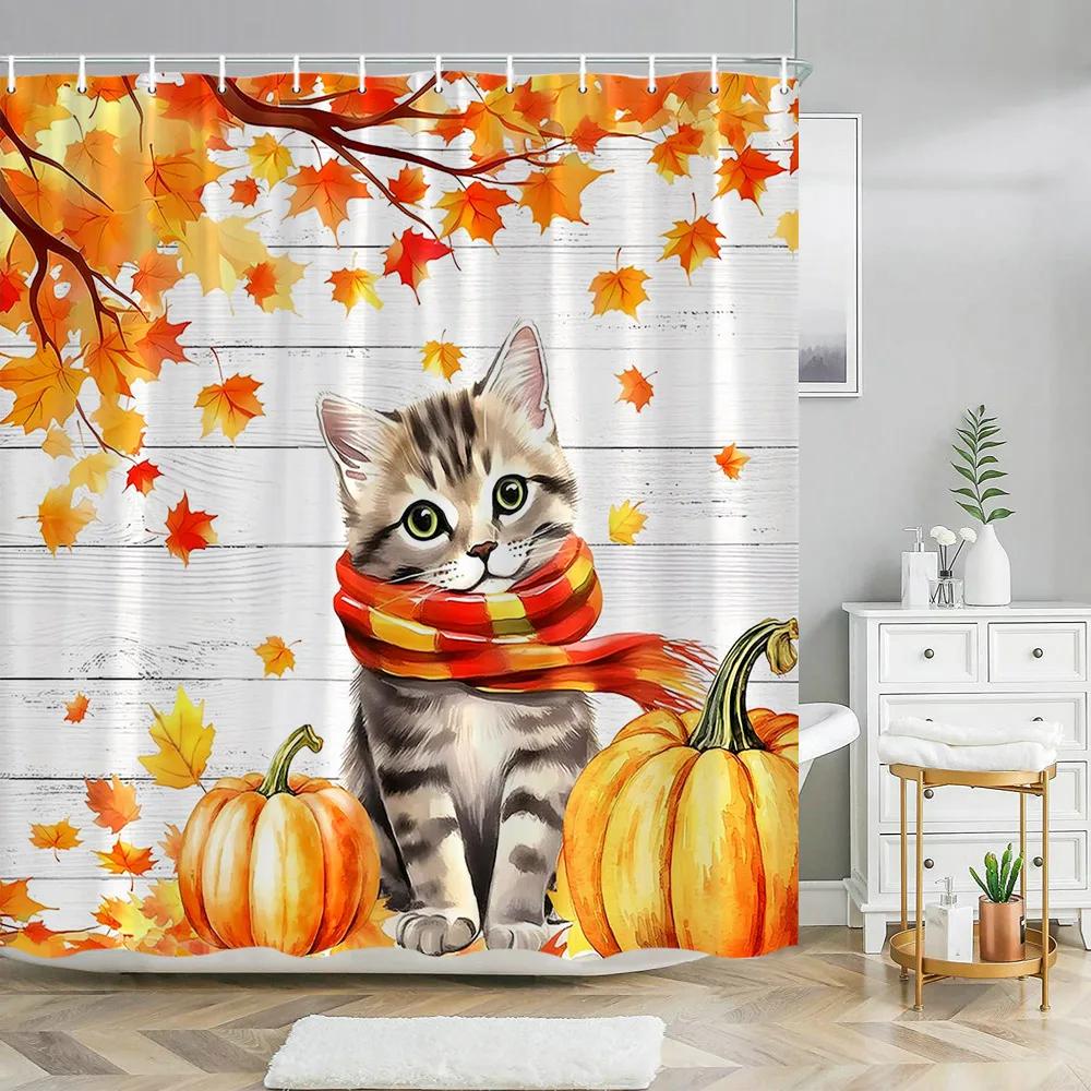 Fall Thanksgiving Shower Curtains for Bathroom Autumn Farmhouse Red Truck Maple Leaf Washable Fabric Bath Curtain Bathroom Decor