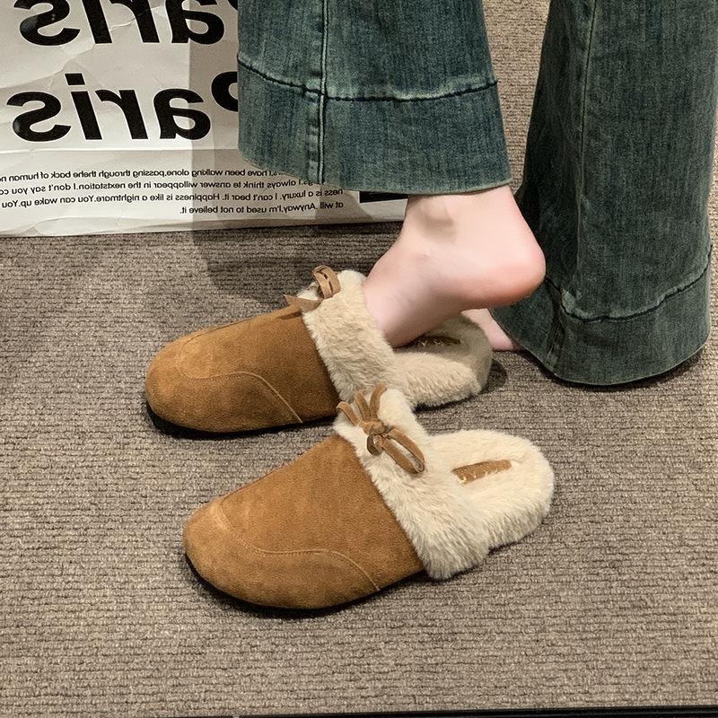 Retro bag head thick-soled fluffy half-slippers for women to wear 2025 winter new lazy one-pedal Doudou half-drag cotton shoes