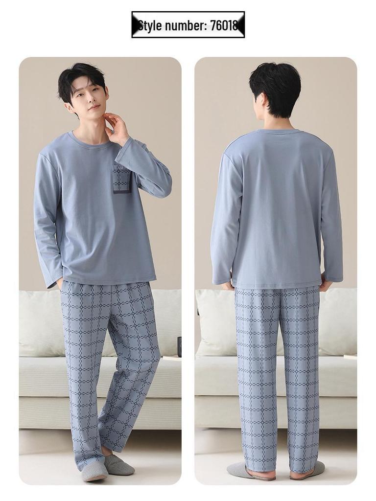 Men's 100% Cotton Long Sleeve & Pants Pajama Set - Korean Style Casual Homewear for Indoor/Outdoor Use