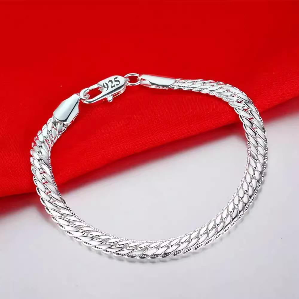 

New 925 Silver Bracelets For Women Men Fashion 5mm Flat Side Minimalist Charm Bracelet Unisex Punk Hip-Hop Jewelry Gift