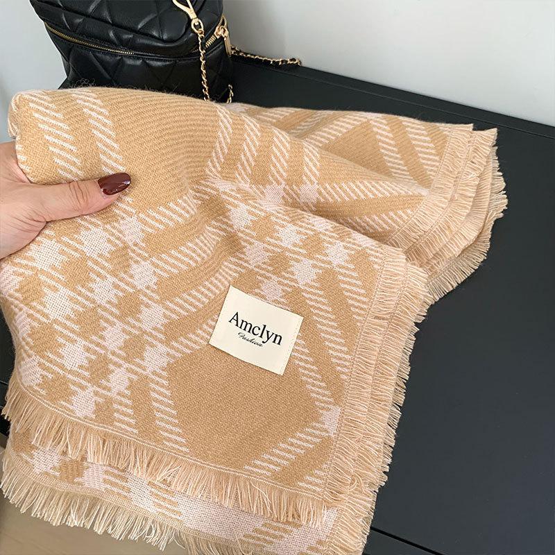 Women's New Winter Wool Scarf British Style Twill Plaid Shawl Versatile Warm Scarf