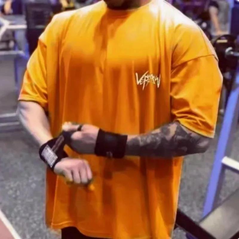 NEW Round Collar Sports T Shirt Oversize Cotton Summer Tee Training Running Shirt Man Streetwear Half Sleeve Men T-shirt