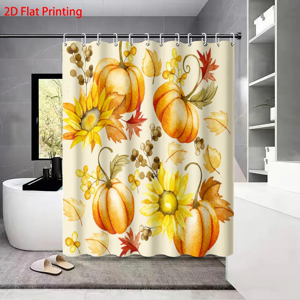 1Pc Autumn Harvest Thanksgiving Pumpkin Print Waterproof Shower Multi Size Privacy Hanging Curtain With 12 Hooks