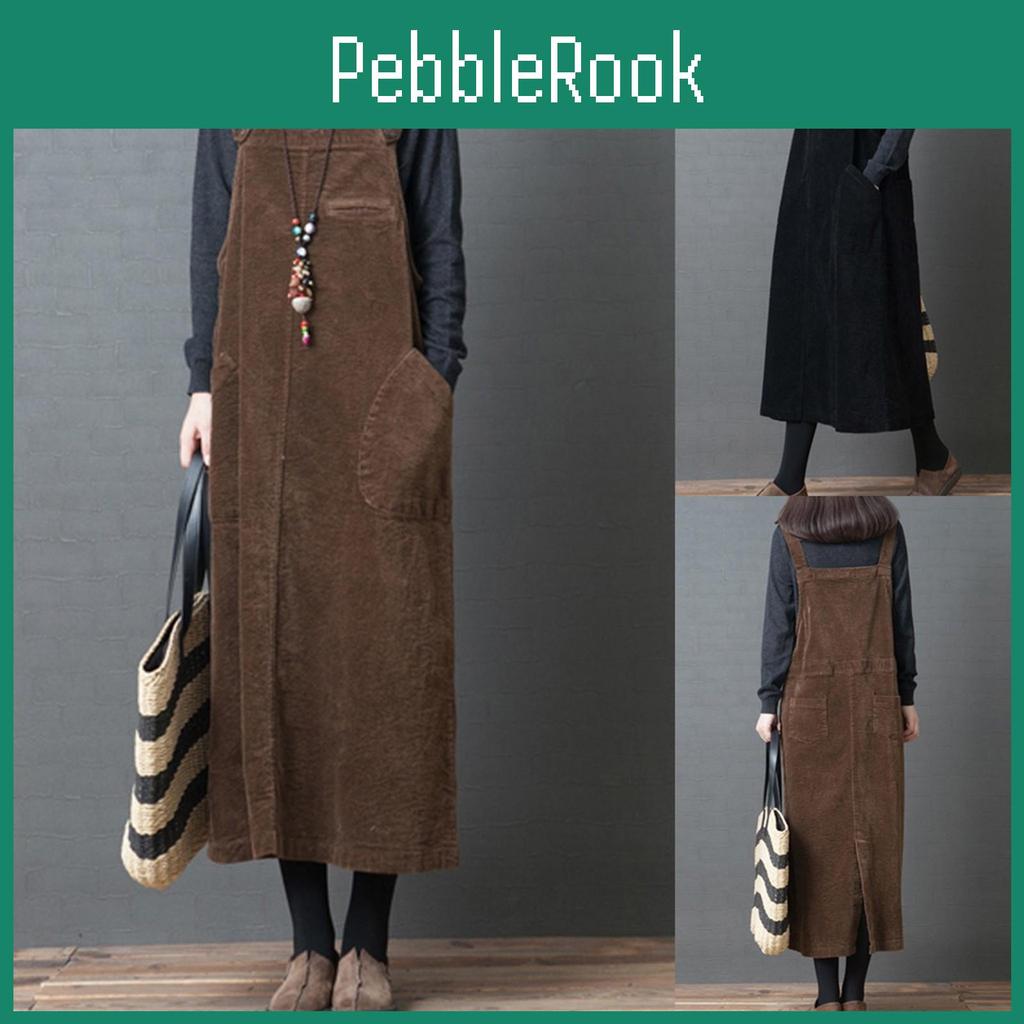 Women Solid Size Big Plus Pockets Corduroy Strap Dress Loose Long Dress