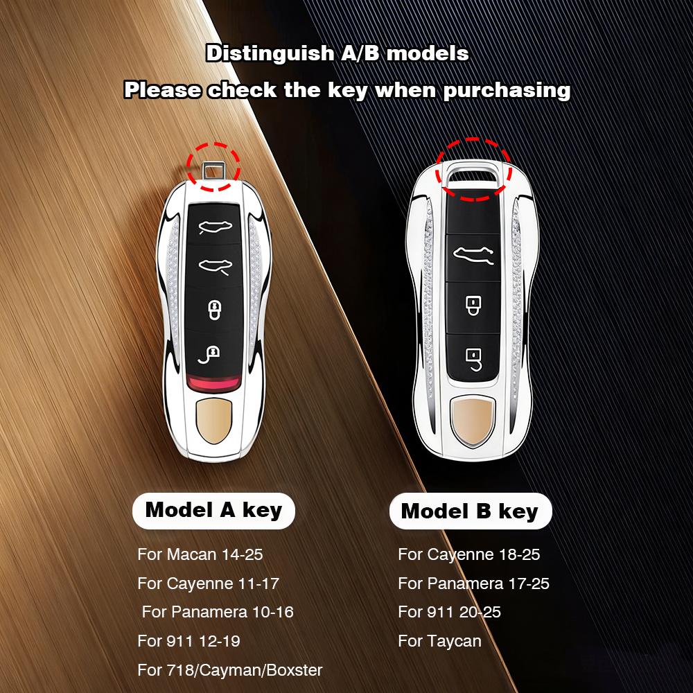 Diamond Metal Material Key Case For Porsche Cayenne Panamera Macan Cayman 718 911 Taycan Gloss Chrome Key Shell Car Key Case