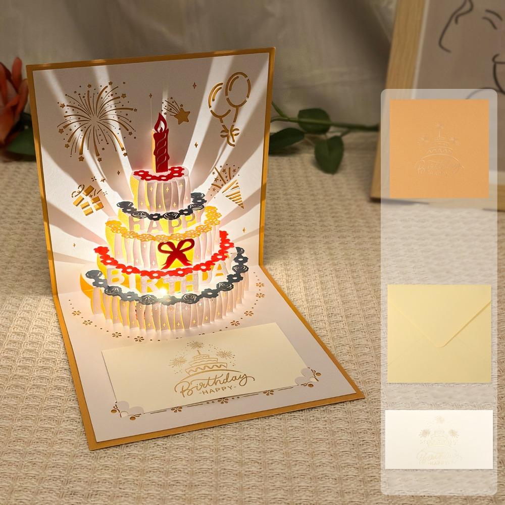 Alles Gute zum Geburtstag 3D Musik Leuchtende Karten mit Umschlag Musik Licht Leuchtender Kuchen Grußkarte Faltbare Pop-Up Geburtstagskarten