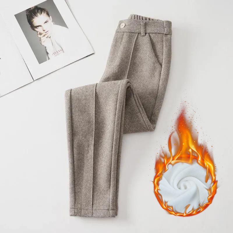 Pantaloni din amestec de lână cu talie înaltă, femei, iarna, căptușiți cu pluș, pantaloni harem, ocazional, calduri, până la gleznă, de lână.