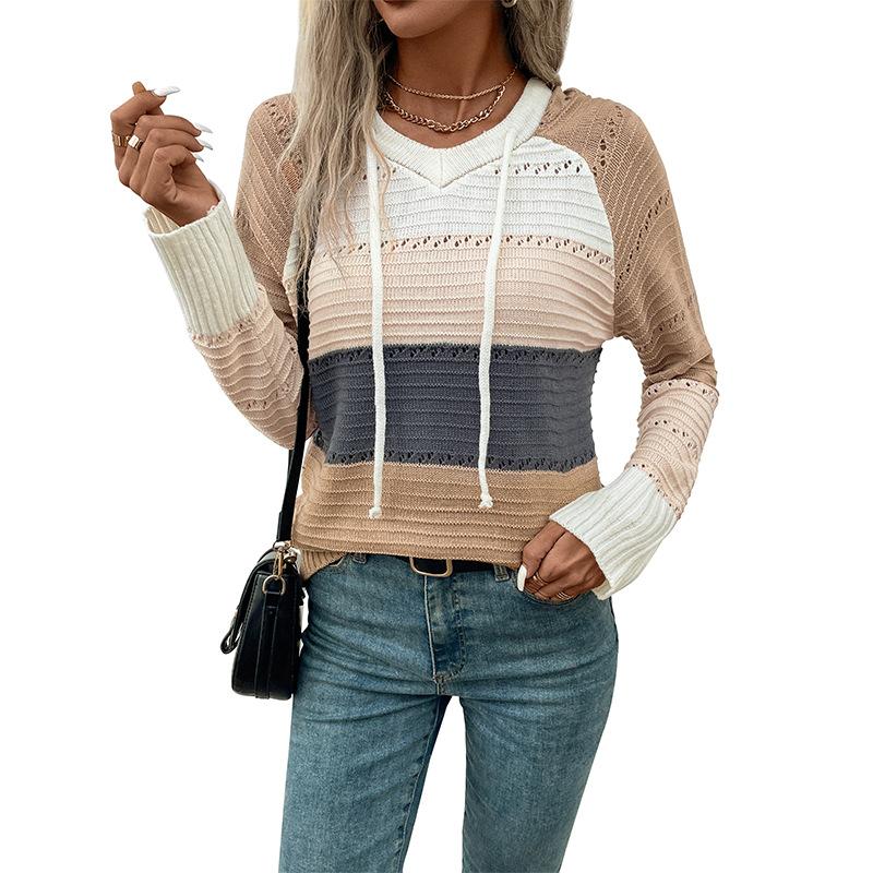 Autumn Women's Knit Blouse Sweatshirt Loose Cozy Casual Hooded Colorblocked Pullover Knit Sweatshirt