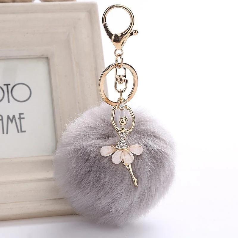 Cute Accessories Gifts Fake Rabbit Fur Ball KeyChain Pompom Key Chain Key Rings Ballet Angel Girl Pompon Bag Jewelry Gifts