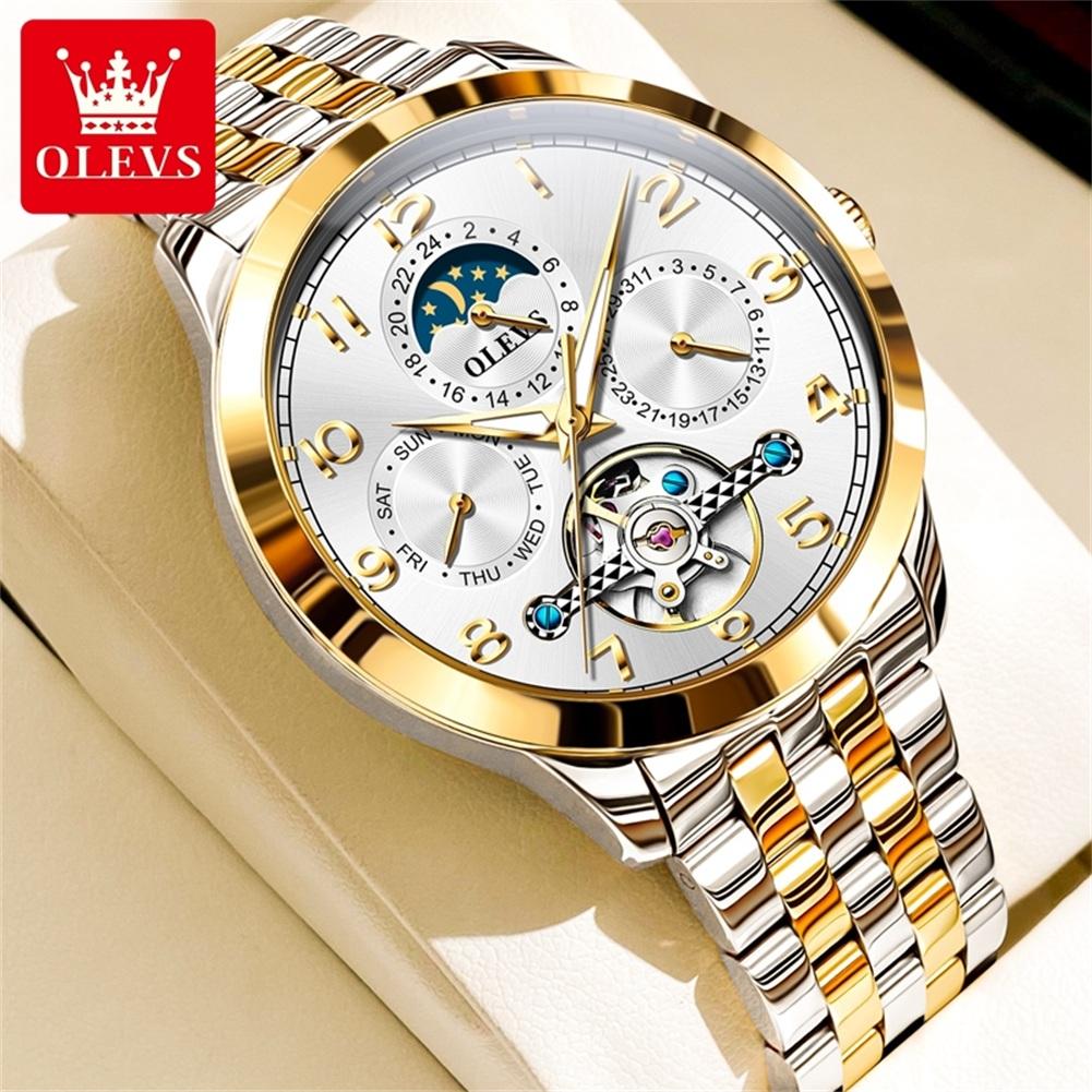 OLEVS 7018 Men's Watches Dgital Dial Skeleton Flywheel Automatic Mechanical Wristwatch Luxury Moon Phase Week Calendar Man Watch