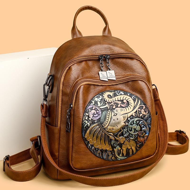 Jixiang 2024 Trendy batoh z ovčí kůže s vyšívaným potiskem v národním stylu pro studentky