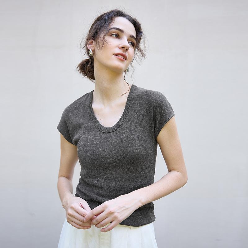 Spring and summer new round neck linen knitted slim-fitting short-sleeved women's high-end basic women's top t Lyocell T-shirt