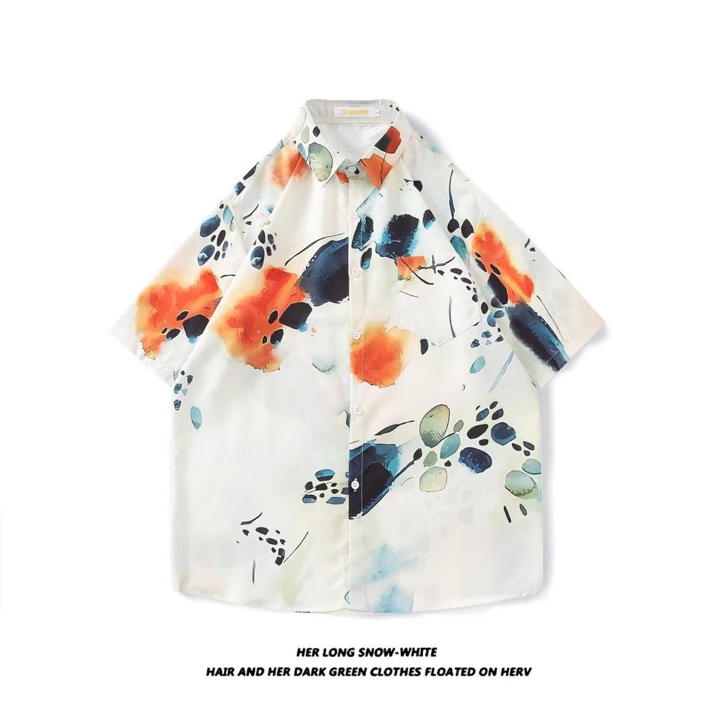 

Летние мужские модные гавайские рубашки с коротким рукавом в японском уличном стиле, пляжные рубашки с цветочным принтом, трендовая графика, дизайн, повседневные топы на пуговицах