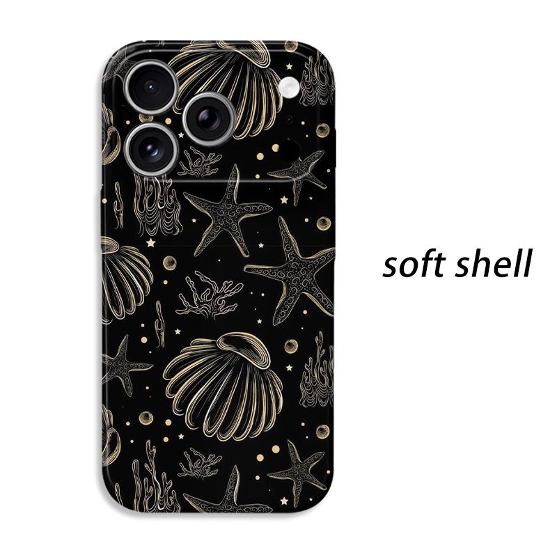 Elegant Ocean Black Gold Starfish Seashell Coral Graphic Art Film Aesthetic Protective Shockproof Bumper Phone Cover For iPhone 14 15 16 Pro Max Plus