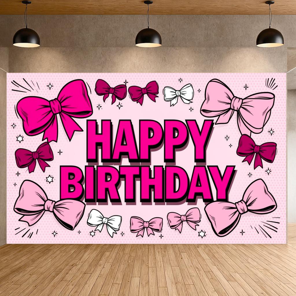 Cute Birthday Banner Dark Red Bow Decor Pink Birthday Banner Girls Birthday Banner Lettering For Kids Celebration