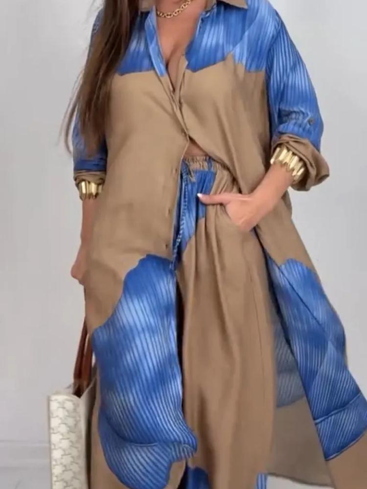 Dameslosvallend Lang Shirt en Wijde Pijpen Broek Set Casual Tweedeelpak in Beige met Grijs Patroon