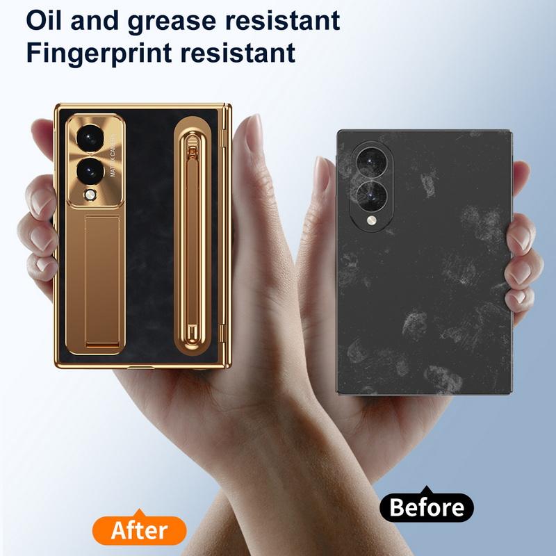 Plating Leather Phone Case For Samsung Galaxy Z Fold 8 Wide 7 6 5 4 TriFold Luxury Hidden Bracket Cover with Pen Slot & S Pen Screen Protector Film