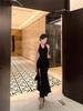 Women's Black Floral Backless Halter Maxi Dress - Slim Fit & Waist-Cinching, Figure-Flattering Bodycon Design with Summer Slit.